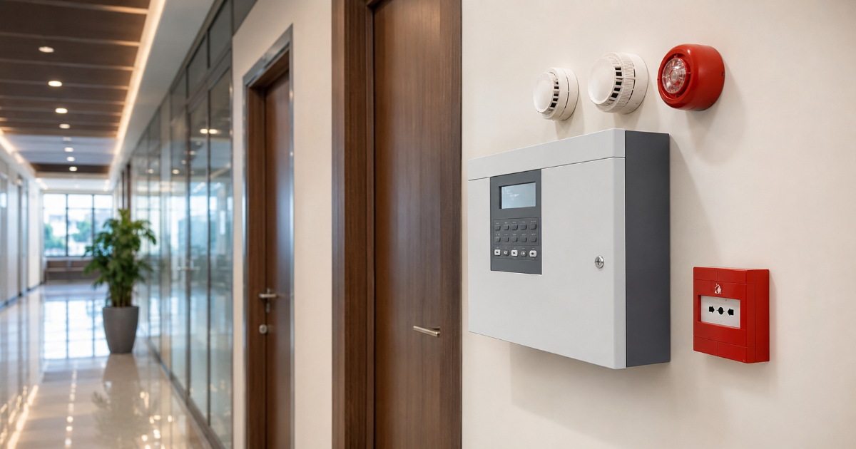 Fire alarm system installation in a modern commercial building in Bangladesh