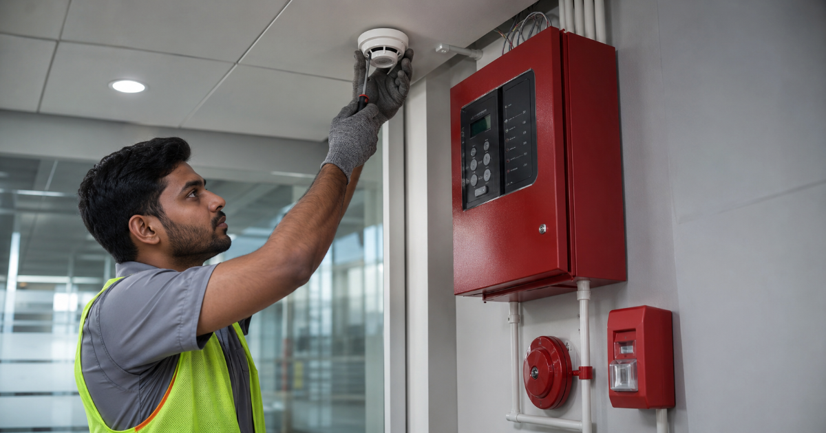 Fire alarm system installation in a modern commercial building in Bangladesh