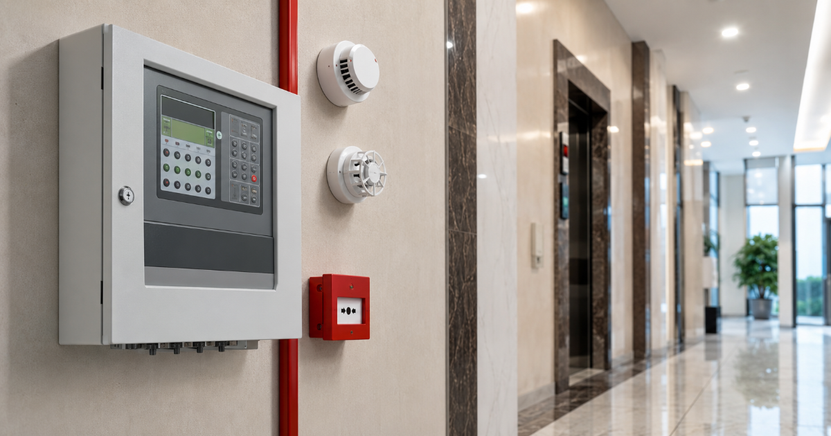 Addressable fire alarm control panel with smoke detector and manual call point